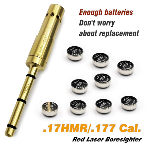 Brass End Barrel Laser Bore Sight with included batteries for 17HMR and 177 Caliber firearms, Quick Fit, Red 5mW Class IIIa