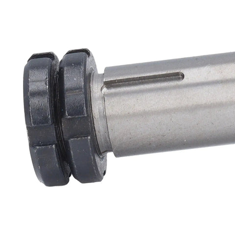 Close-up of Built Tough 45 Steel Mini Lathe Spindle Replacement With 20mm Hole For MX 180D showing locking nuts and hollow design