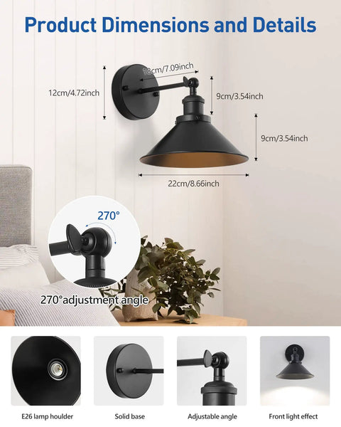 Black Vintage Wireless Battery Operated Wall Sconces Set Of Two Cordless Led Industrial Light Fixtures With Remote Control angle and dimensions.