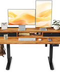 Rustic Brown Electric Standing Desk 48x24 Inches For Short People Adjustable Height 18.1 To 28.3 Inches With Storage Shelf And Fabric Drawers Perfect Low Rise Home Office Table Splice Board Design with dual monitors