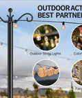 2 Pack 9 Foot Outdoor String Light Poles With Adjustable Metal Stand Go-To Choice Rust Resistant Black Finish Sturdy 5 Prong Spiral Ground Anchors With Hooks Perfect For Garden Weddings Parties And Patio Decor, with outdoor string lights and decorative flags.