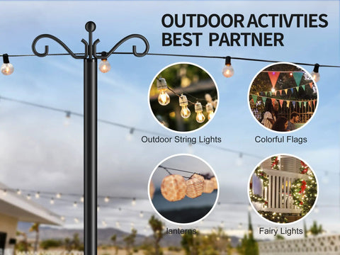 2 Pack 9 Foot Outdoor String Light Poles With Adjustable Metal Stand Go-To Choice Rust Resistant Black Finish Sturdy 5 Prong Spiral Ground Anchors With Hooks Perfect For Garden Weddings Parties And Patio Decor, with outdoor string lights and decorative flags.