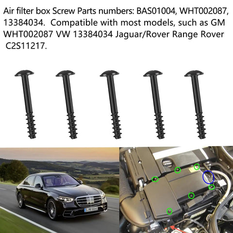 Ten Pack Heavy Duty Air Filter Box Screws And Bolts Compatible With Jaguar Range Rover Chevy GM VW Replacement Engine Bay Hardware on black background.