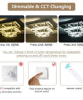 Dimmable Flush Mount Crystal Ceiling Light With Remote Control, LED K9 Crystal 2 Square Mini Lamp varied color temperature shown