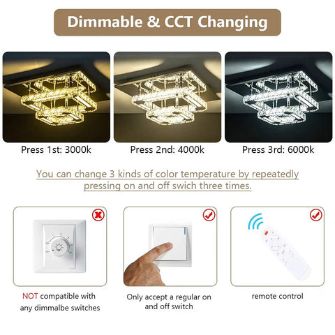 Dimmable Flush Mount Crystal Ceiling Light With Remote Control, LED K9 Crystal 2 Square Mini Lamp varied color temperature shown