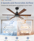 48 Inch 6 Blade Ceiling Fan No Light Black Finish With Quiet Reversible DC Motor 6 Speeds Ideal For Living Room Bedroom Patio Indoor Outdoor Use Energy Saver For Quiet All Season Comfort with speed settings and airflow modes displayed