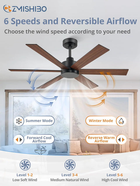 48 Inch 6 Blade Ceiling Fan No Light Black Finish With Quiet Reversible DC Motor 6 Speeds Ideal For Living Room Bedroom Patio Indoor Outdoor Use Energy Saver For Quiet All Season Comfort with speed settings and airflow modes displayed