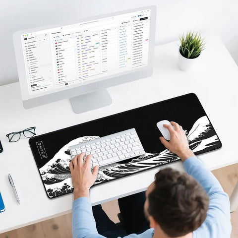 Gaming Mouse Pad Desk Mat For Keyboard And Mouse Large Kanagawa Wave Design With Non Slip Rubber Base Ultra Smooth Fabric Surface in use
