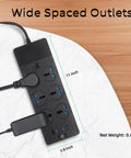 Top view of European Travel Plug Adapter Universal Power Strip with six AC outlets and four USB ports, 11x3.8 inches.