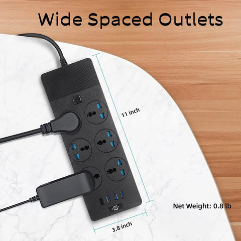 Top view of European Travel Plug Adapter Universal Power Strip with six AC outlets and four USB ports, 11x3.8 inches.