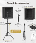 Pro Grade Microphone Isolation Shield for Studio With Tripod Stand Adjustable Height Up To 53.1 Inches shown with accessories and dimensions