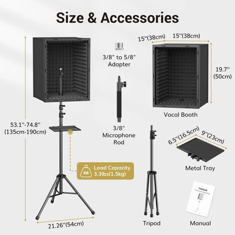 Pro Grade Microphone Isolation Shield for Studio With Tripod Stand Adjustable Height Up To 53.1 Inches shown with accessories and dimensions