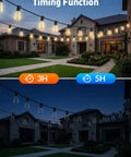 65 Foot Solar String Lights Outdoor Waterproof LED Edison Bulb With Remote hanging on house, day and night view