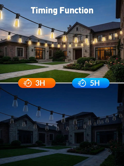 65 Foot Solar String Lights Outdoor Waterproof LED Edison Bulb With Remote hanging on house, day and night view