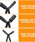 Close-up of 2 Pack Dirt Bike Triangle Stands for rear wheel maintenance, showing steel construction and compatibility notes for 4-stroke and 2-stroke bikes.