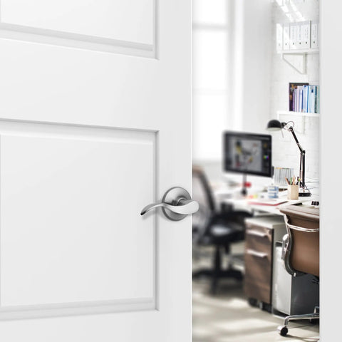Satin Nickel Passage Lever Door Handle Set on white door, viewed from office side, for hallways and closets, non-locking, reversible.