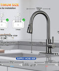 Diagram showing dimensions and installation details for SOEBIZ Grey Kitchen Faucets with Pull Down Sprayer.