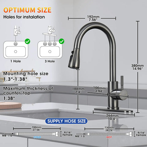 Diagram showing dimensions and installation details for SOEBIZ Grey Kitchen Faucets with Pull Down Sprayer.