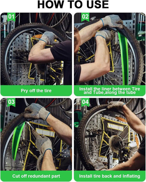 Installation steps of Bike Tire Liner Inner Tube Flat Protector For Mountain Bikes Fits 12 16 18 20 22 Inch Tires 3.0 To 4.5 In 1 Mm Polyurethane 6.1 Ft Long Black And Green No Fuss Install Just Measure And Trim
