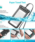 Six Pack 8.5 Inch Waterproof Phone Pouch With Durable Lanyard featuring a paper towel test demonstration for underwater sealing