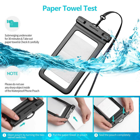 Six Pack 8.5 Inch Waterproof Phone Pouch With Durable Lanyard featuring a paper towel test demonstration for underwater sealing