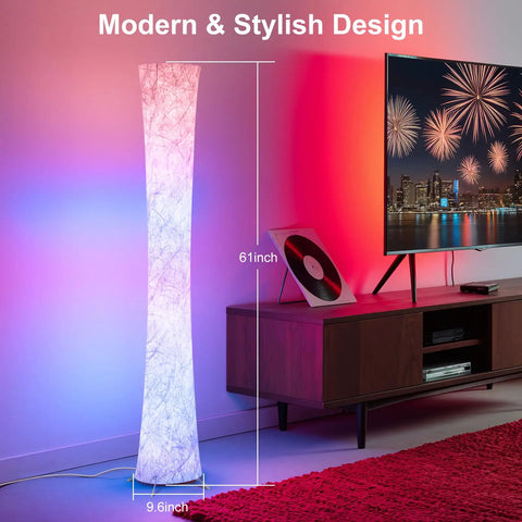 Smart RGB LED Floor Lamp 61 Inch Corner Light With Music Sync next to modern TV console, pink and blue colors glowing.