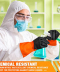 Person wearing Heavy Duty Chemical Resistant Latex Gloves 12 Pairs Reusable Rubber Work Gear For Acid Oil And Grease Boss Level Industrial Hand Protection Xl Size Hustle Ready while handling beakers.