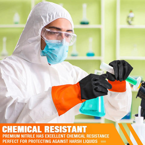 Person wearing Heavy Duty Chemical Resistant Latex Gloves 12 Pairs Reusable Rubber Work Gear For Acid Oil And Grease Boss Level Industrial Hand Protection Xl Size Hustle Ready while handling beakers.