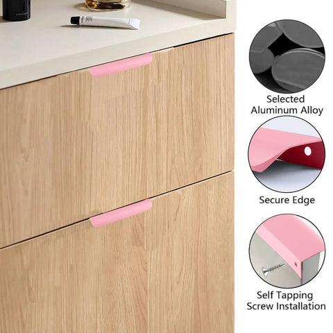 Sleek Finger Edge Pull 8 Pack Hidden Drawer Handles Modern Curved Aluminum Alloy Invisible Cabinet Pulls 150mm Pink on wood drawer