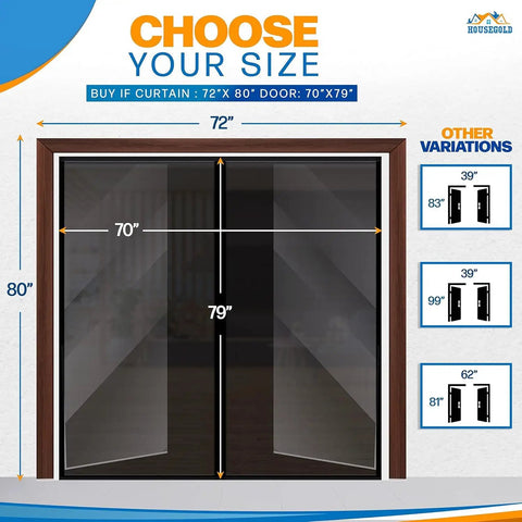 Durable Fiberglass Magnetic Screen Door For 72x80 French Doors dimensions, fits 70x79 openings, size options detail