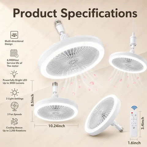 Ceiling Fan With Light And Remote, 2800 Lumens LED Light Bulb Fan, Screw In E26/E27 Small Ceiling Fan With Light, 3 Speeds, Timer