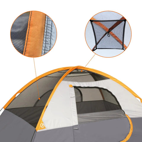 Close-up of No-Fuss Dome Camping Tent For Two With Rainfly Carry Bag And Free-Standing Design, highlighting stitching and ventilation