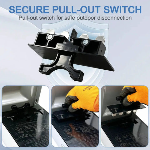 Secure pull-out switch for Heavy Duty 60 Amp Non Fused Disconnect Switch Box Weatherproof Nema 3R Outdoor Electrical Panel.
