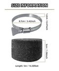 2 Pack Fireproof Pipe Wrap Insulation 2 Inch Wide 16 Feet Long Fiberglass Heat Shield Tape Pipe Webbing For Stove Flue Protector Includes 4 Clamps Black, showing roll dimensions and clamp details