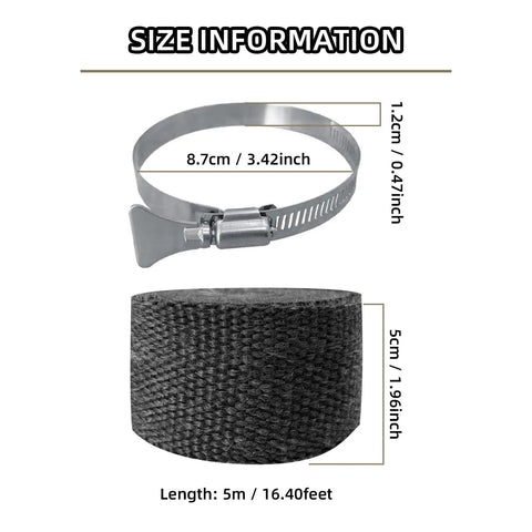 2 Pack Fireproof Pipe Wrap Insulation 2 Inch Wide 16 Feet Long Fiberglass Heat Shield Tape Pipe Webbing For Stove Flue Protector Includes 4 Clamps Black, showing roll dimensions and clamp details