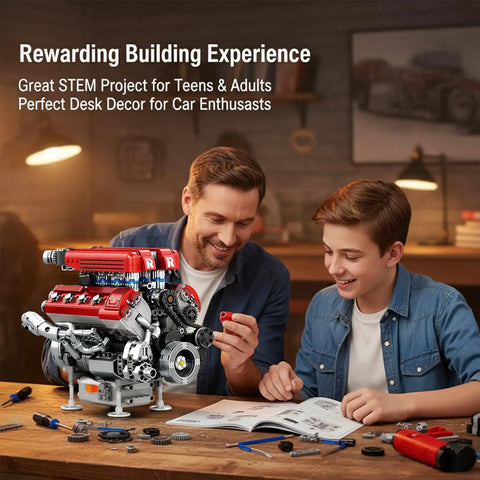 V8 Engine Working Model Kit For Adults With Transparent Cylinder Head And Realistic Piston Motion Gears And Timing Chain In Full Action Experience For Gearheads built on a table
