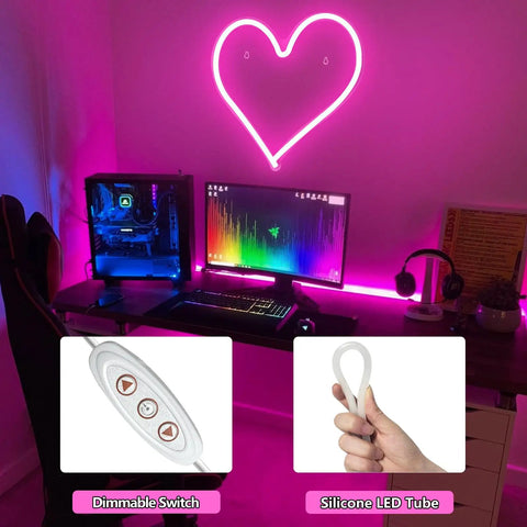 Pink Heart Neon Sign LED Light Up Wall Decor For Bedroom And Valentines Day Romance above a gaming desk, dimmable USB powered