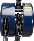 Close-up of blue ATR9020UR 2 Ton Manual Hand Lift Chain Block Hoist With 2 Heavy Duty Hooks And 360 Degree Latch, steel chain.