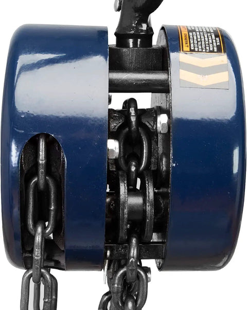 Close-up of blue ATR9020UR 2 Ton Manual Hand Lift Chain Block Hoist With 2 Heavy Duty Hooks And 360 Degree Latch, steel chain.