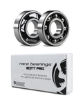 Front view of two chrome Bont Pro 608 skate bearings with a white Bont box.