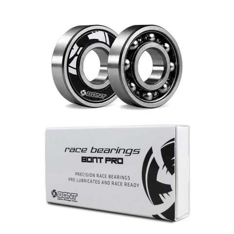 Front view of two chrome Bont Pro 608 skate bearings with a white Bont box.