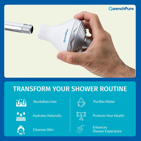 Hand holding Shower Filter For Chlorine Removal With High Output And KDF 55 Filtration, easy installation to pipe