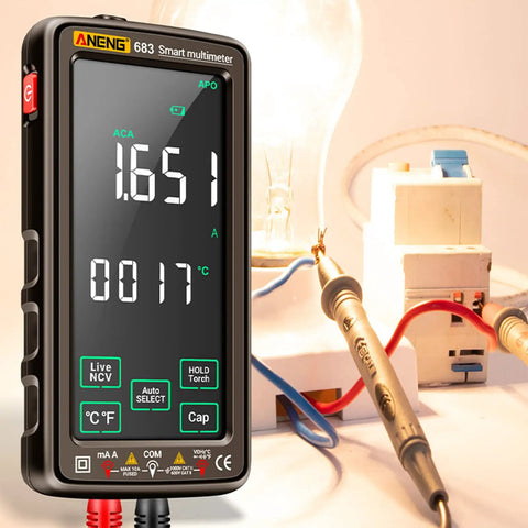All In One Digital Multimeter With NCV Tester 6000 Counts Large VA Reverse Display Data Hold Handy Ammeter Readouts Rechargeable Universal Meter For DIYers And Pros showing live measurement display in use with probes connected to circuitry.