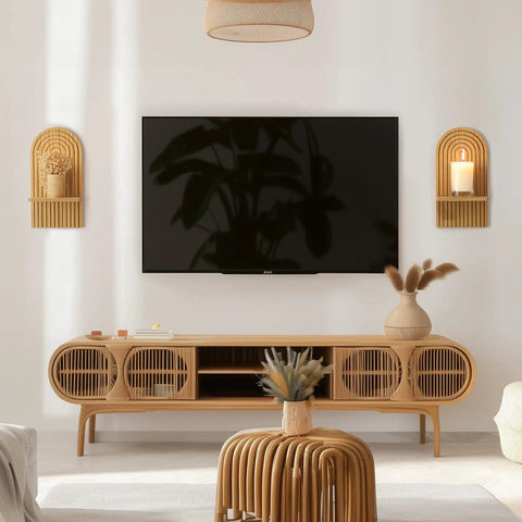 Lowkey Stunning Boho Wall Decor Set Of Two Natural Wood 3D Arch Candle Holder Mid Century Modern Living Room Accent.