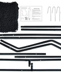 Components of Z Screen Pitching Net 5x7 Ft Portable Baseball Backstop with durable nylon in black and metal frame pieces.