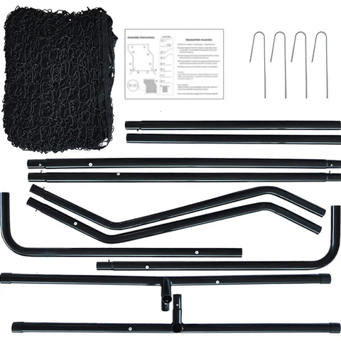 Components of Z Screen Pitching Net 5x7 Ft Portable Baseball Backstop with durable nylon in black and metal frame pieces.
