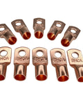Pack Of Ten 1/0 Gauge Copper Ring Terminal Connectors With Red Black Heat Shrink Tubing 3/8 Inch Stud, showing copper connectors.