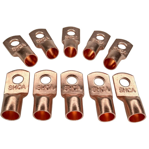 Pack Of Ten 1/0 Gauge Copper Ring Terminal Connectors With Red Black Heat Shrink Tubing 3/8 Inch Stud, showing copper connectors.