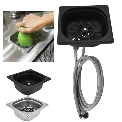 Heavy-Hitter Square Glass Rinser And Sink Sprayer, Solid Stainless Steel Auto Cup Washer With Multi-Angle Quick Cleaning Rig For Bars Restaurants And Coffee Shops, Sleek Matte Black Flex, close-up of matte black rinser and spraying action.