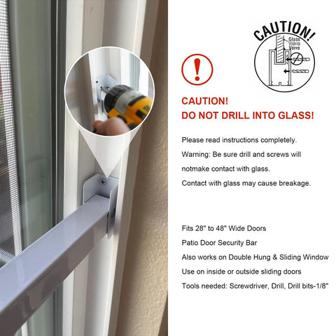 Close-up of Window Security Bar installed on patio door frame, adjustable from 28 inches to 48 inches, with adjustment instructions.